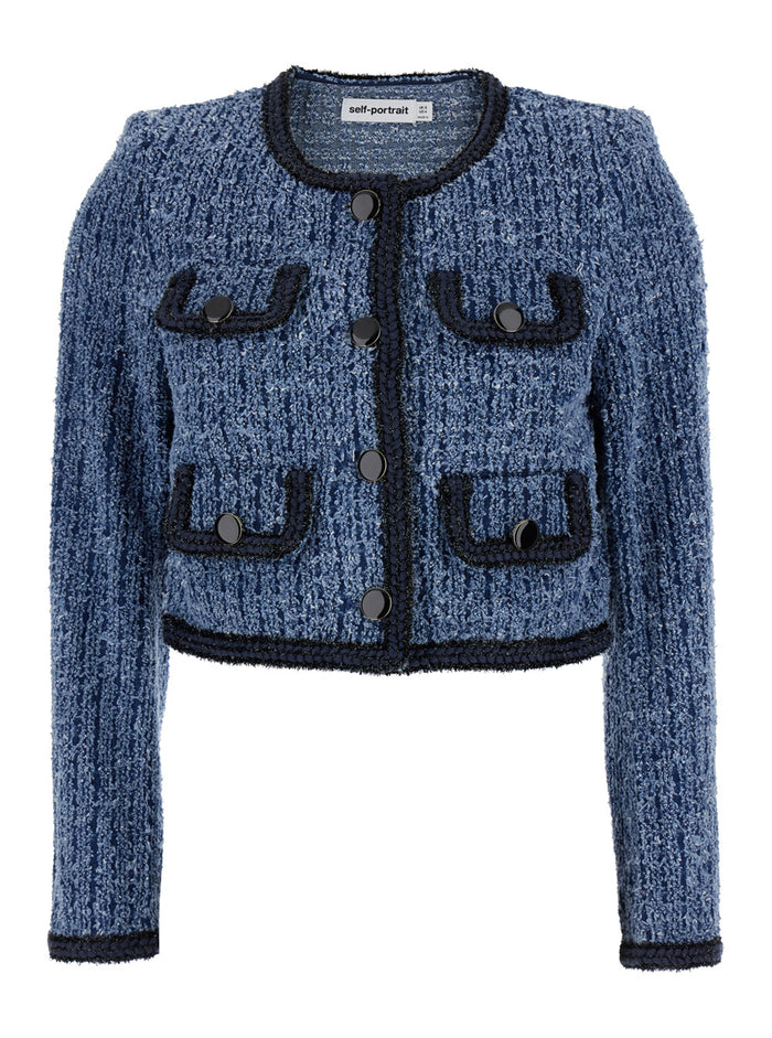 Blue Cropped Jacket With Patch Pocket Textured Denim Woman Blu Blazers