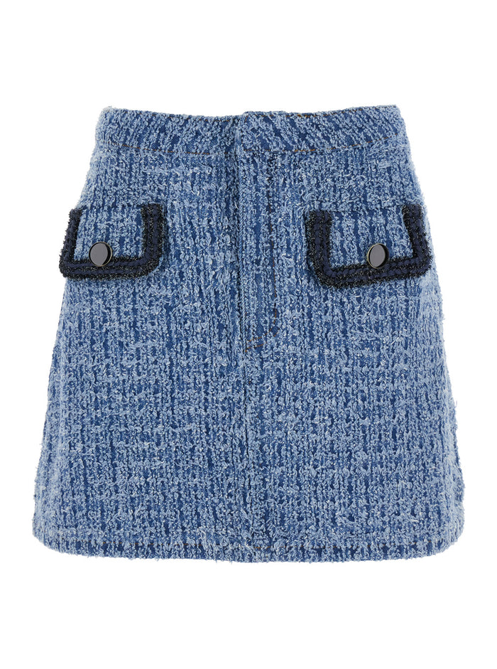 Light Blue Mini Skirt With Patch Pockets Textured Denim Woman