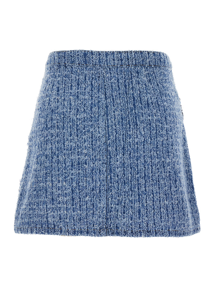Light Blue Mini Skirt With Patch Pockets Textured Denim Woman