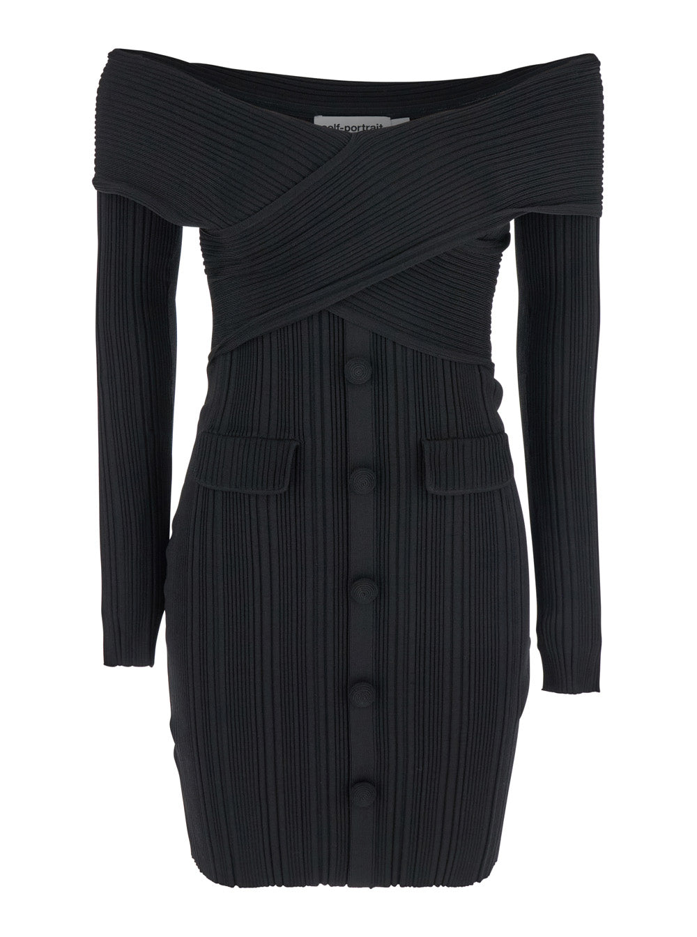 Black Dress With Square Neckline And Open Shoulders Tech Fabric Woman