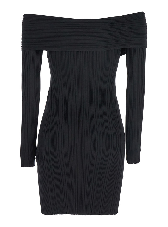 Black Dress With Square Neckline And Open Shoulders Tech Fabric Woman