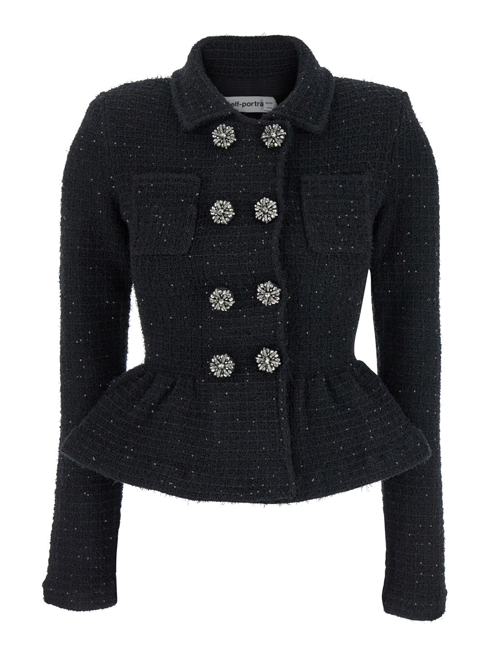 Black Double-Breasted Jacket With Peplum Design And Paillettes Cotton Tech Fabric Blend Woman Blazers
