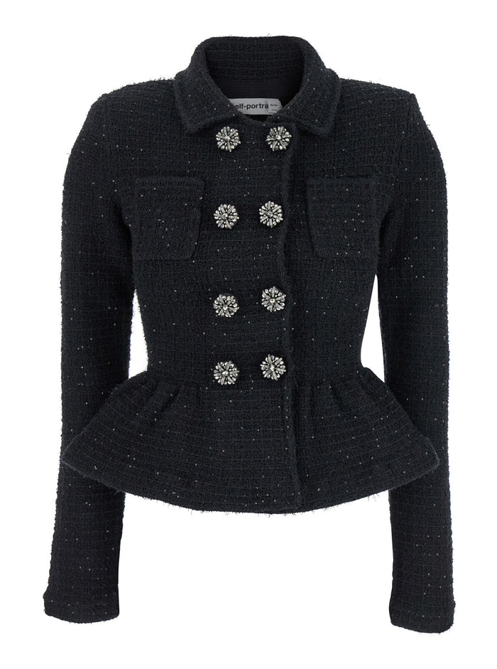 Black Double-Breasted Jacket With Peplum Design And Paillettes Cotton Tech Fabric Blend Woman Blazers