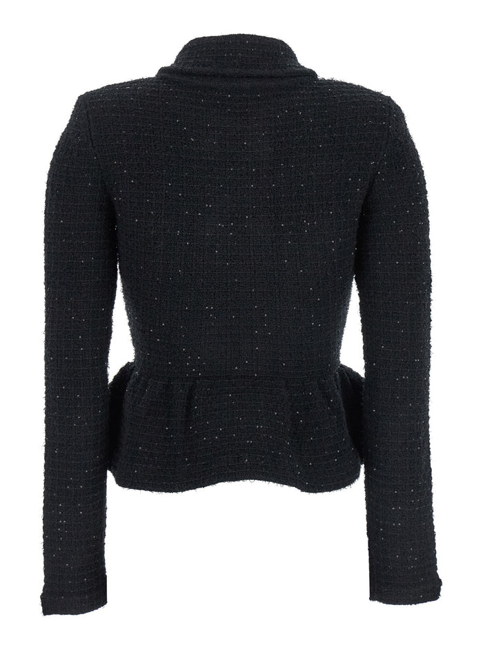 Black Double-Breasted Jacket With Peplum Design And Paillettes Cotton Tech Fabric Blend Woman Blazers