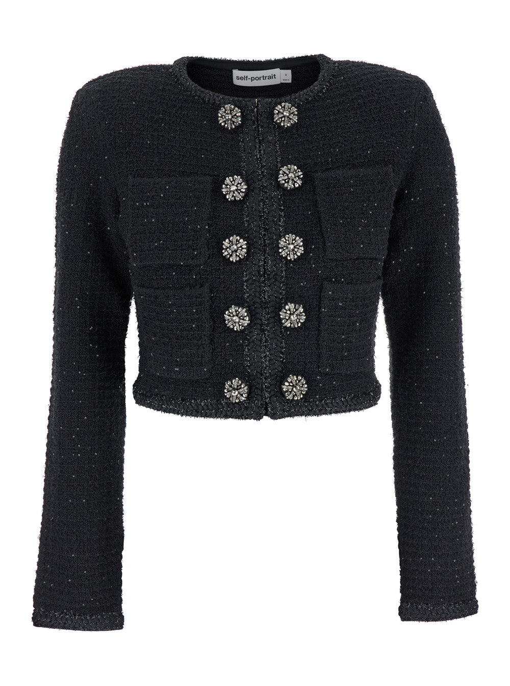 Black Knitted Jacket With Paillettes Cotton And Tech Fabric Blend Woman Blazers