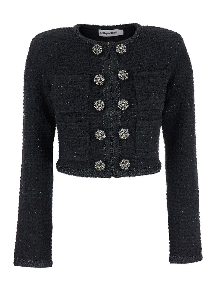 Black Knitted Jacket With Paillettes Cotton And Tech Fabric Blend Woman Blazers