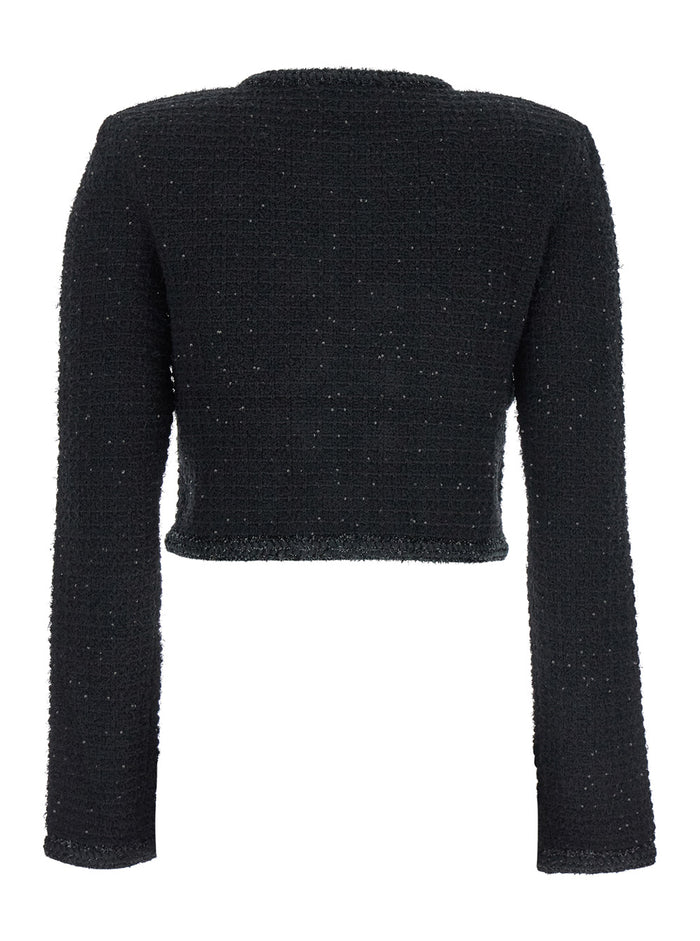 Black Knitted Jacket With Paillettes Cotton And Tech Fabric Blend Woman Blazers