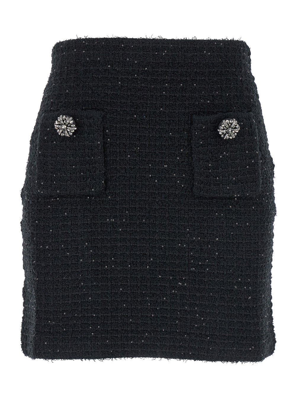 Black Knitted Skirt With Paillettes Cotton And Tech Fabric Blend Woman