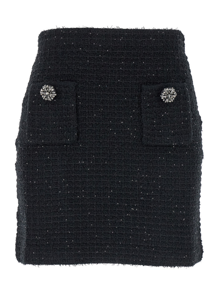 Black Knitted Skirt With Paillettes Cotton And Tech Fabric Blend Woman