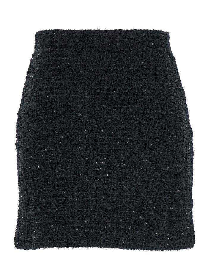 Black Knitted Skirt With Paillettes Cotton And Tech Fabric Blend Woman