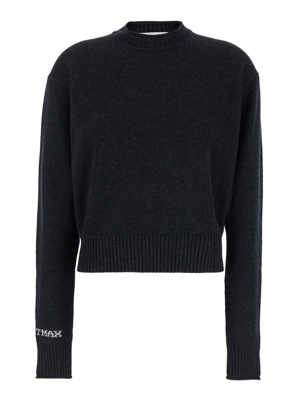 Black Crewneck Sweater With Logo Lettering Wool Tops