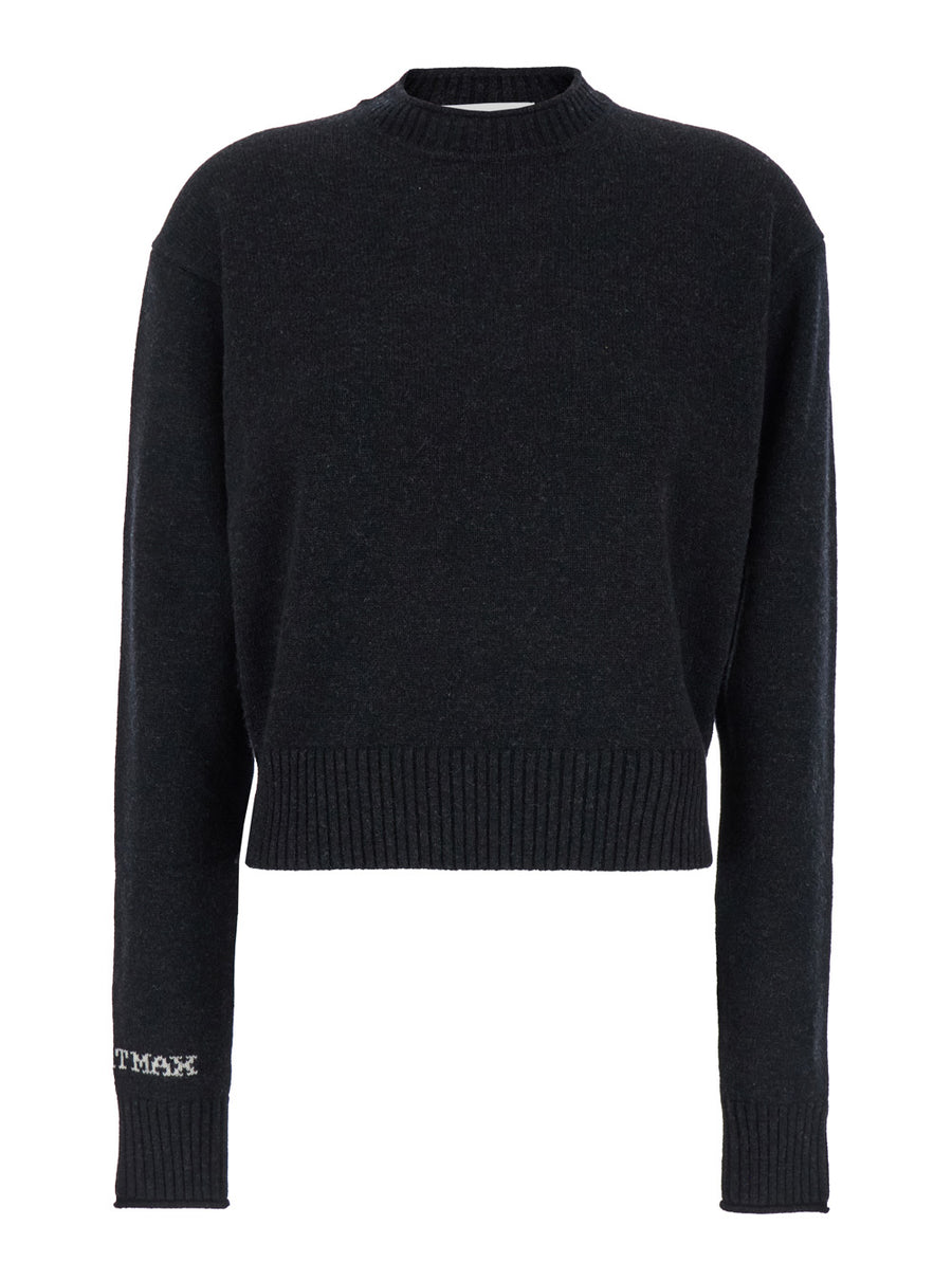 Black Crewneck Sweater With Logo Lettering Wool Tops