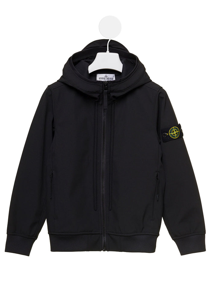 Black Hooded Jacket With Logo Patch Nylon Boy Stone Island Kids Polyester Elastan