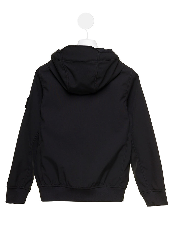 Black Hooded Jacket With Logo Patch Nylon Boy Stone Island Kids Polyester Elastan