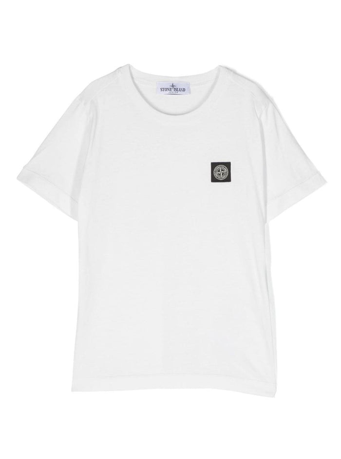 White Crewneck Short-sleeved T-shirt and Contrasting Patch Logo in Cotton Boy Tshirts Polo Shirts