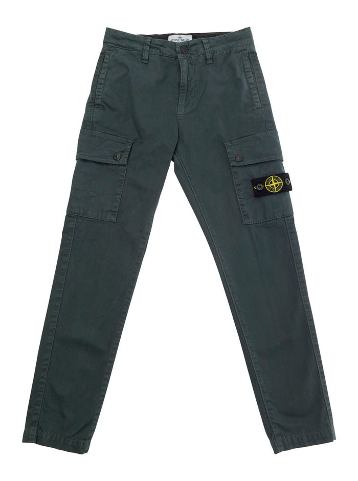 Green Cargo Pants With Logo Patch Stretch Cotton Boy Elastane Trousers