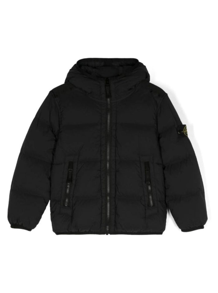 Black Hooded Down Jacket With Logo Patch Polyamide Boy Elastane