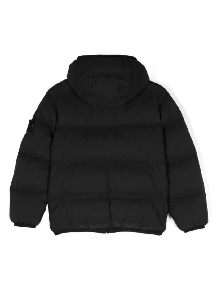Black Hooded Down Jacket With Logo Patch Polyamide Boy Elastane