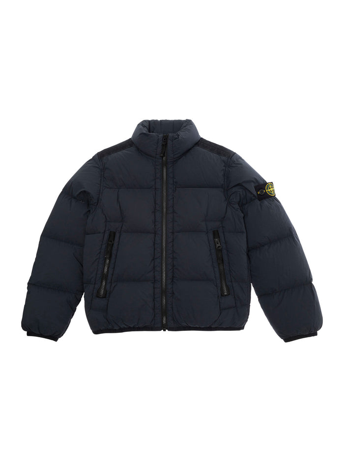 Blue Down Jacket With Logo Patch Polyamide Boy Blu Elastane