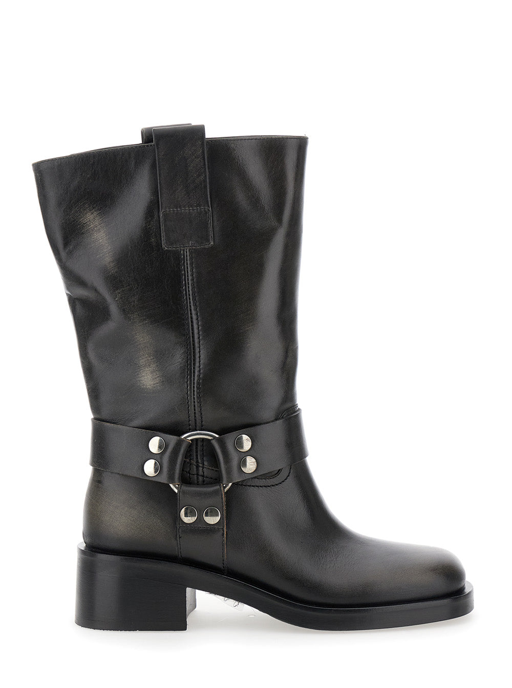 Black Ankle Boots With Studs And Ring Leather Woman