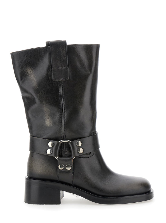 Black Ankle Boots With Studs And Ring Leather Woman