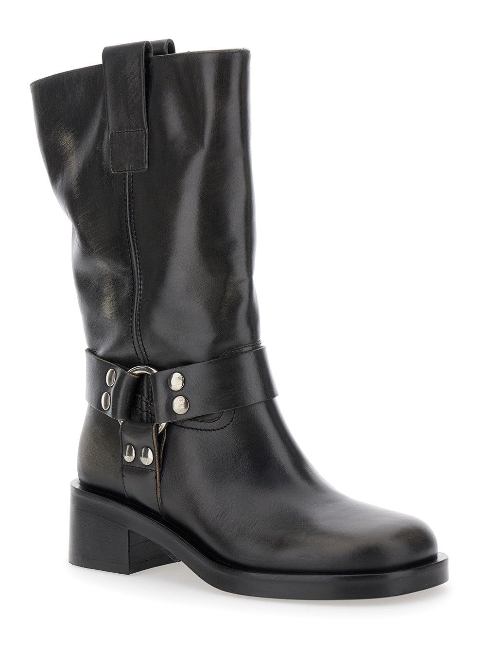 Black Ankle Boots With Studs And Ring Leather Woman