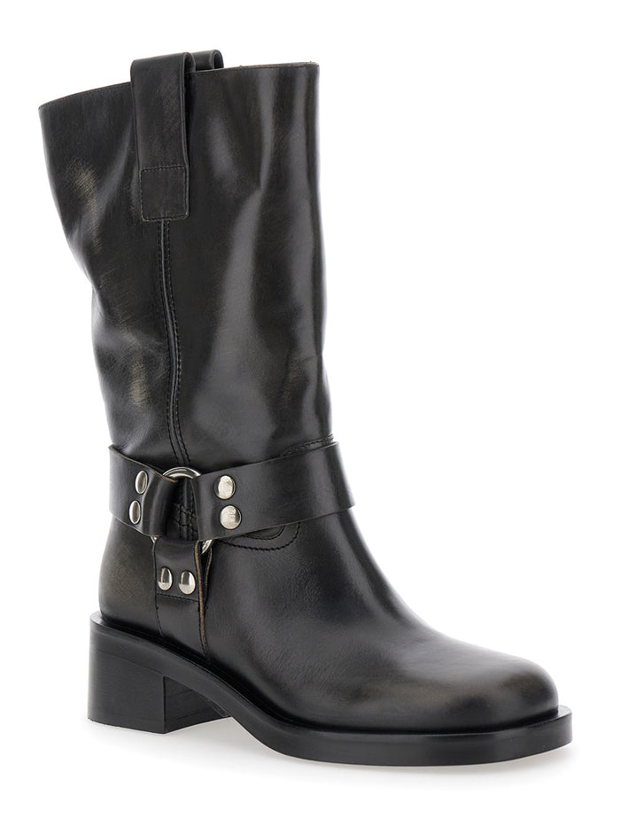 Black Ankle Boots With Studs And Ring Leather Woman