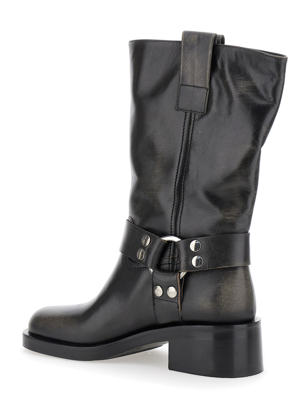 Black Ankle Boots With Studs And Ring Leather Woman