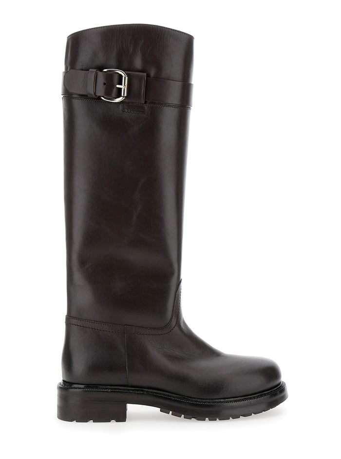 Brown Knee-High Boots With Buckle Leather Woman