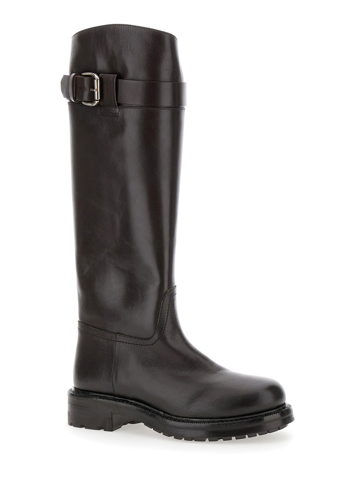 Brown Knee-High Boots With Buckle Leather Woman