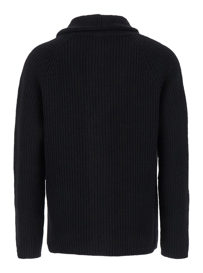 Black Cardigan With Shawl Collar Ribbed Wool Man Polyamid Jersey