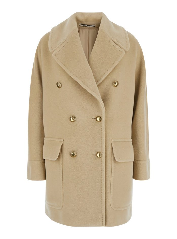Beige Double-Breasted Coat With Wide Notched Revers And Jewel Buttons Wool Blend Woman Angora Virgin