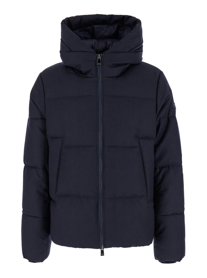 Antoldo Blue Down Jacket With Hood And Logo Patch Wool Man Blu