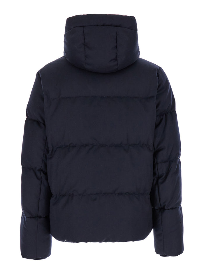 Antoldo Blue Down Jacket With Hood And Logo Patch Wool Man Blu
