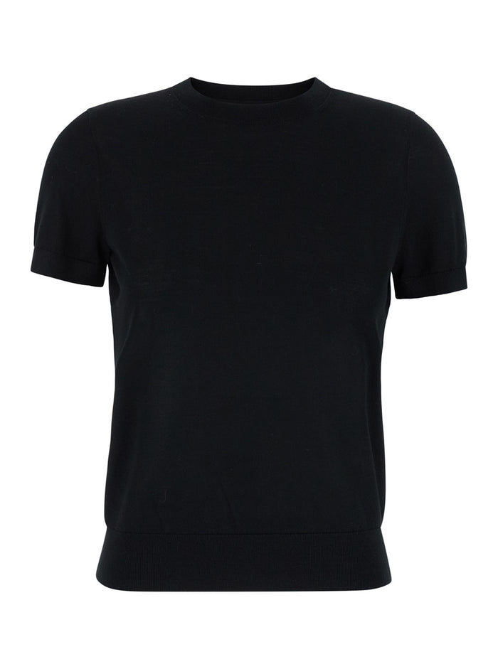 Black Crewneck T-Shirt Wool Blend Woman Polyester Jersey