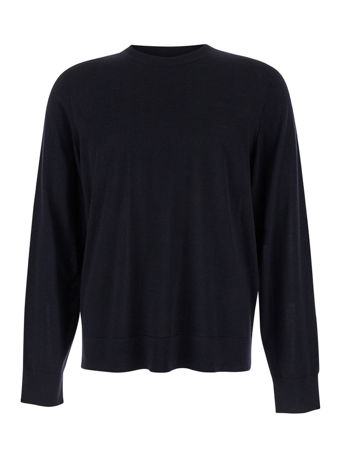 Blue Crewneck Sweater Wool Man Blu Cotton Jersey