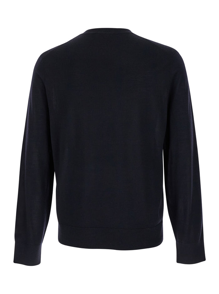 Blue Crewneck Sweater Wool Man Blu Cotton Jersey