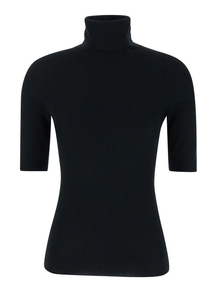 Black Turtleneck Sweater With Short Sleeves Wool Woman Jersey