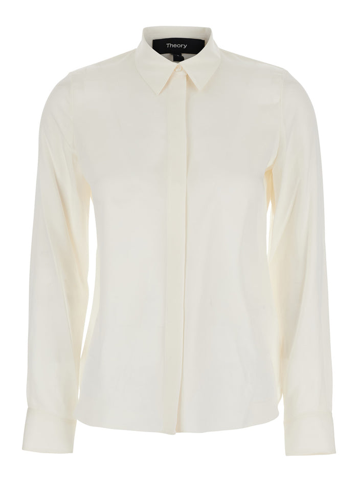 Classic White Shirt With Pointed Collar Silk Woman And Blouses