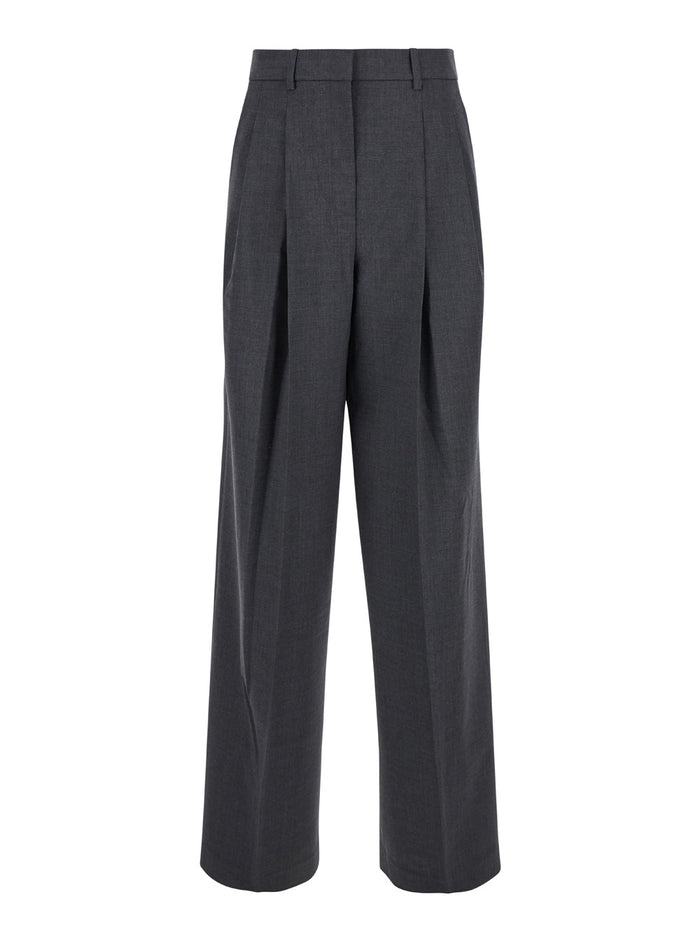 Grey High-Waist Pants With Pences Stretch Wool Woman Trousers