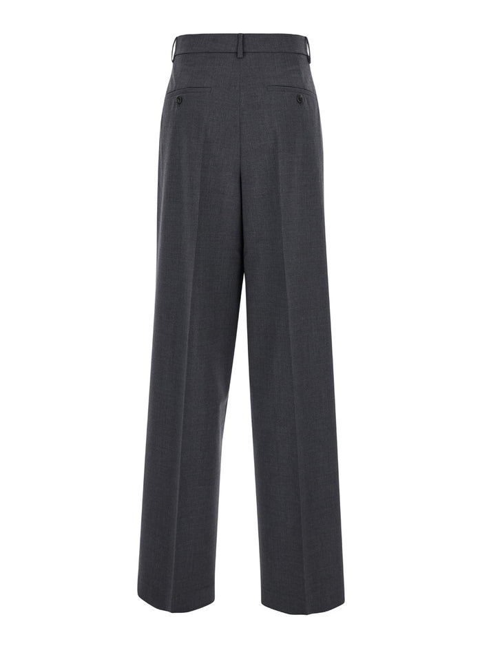 Grey High-Waist Pants With Pences Stretch Wool Woman Trousers