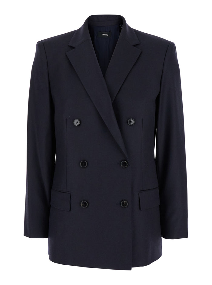 Blue Double-Breasted Jacket With Notched Revers Wool Woman Blu Virgin Blazers
