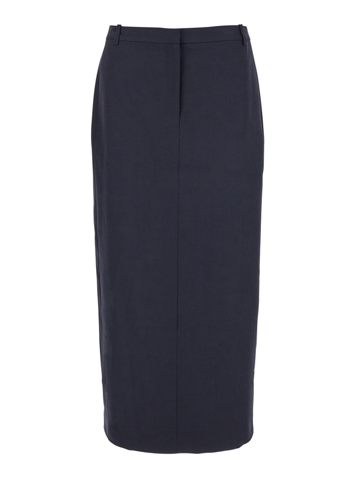 Midi Blue Skirt With Slit Wool Blend Woman Blu