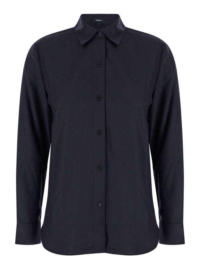Blue Shirt With Classic Collar Wool Woman Blu Virgin And Blouses