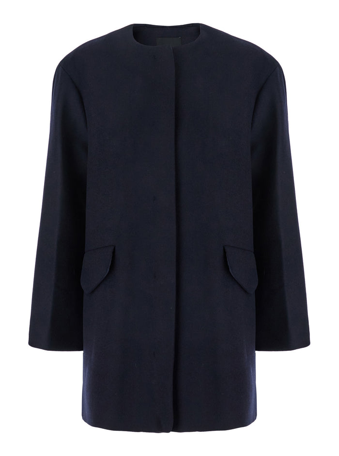 Blue Hood With Hidden Front Closure Wool Woman Blu Recycled Polyamide Outerwear