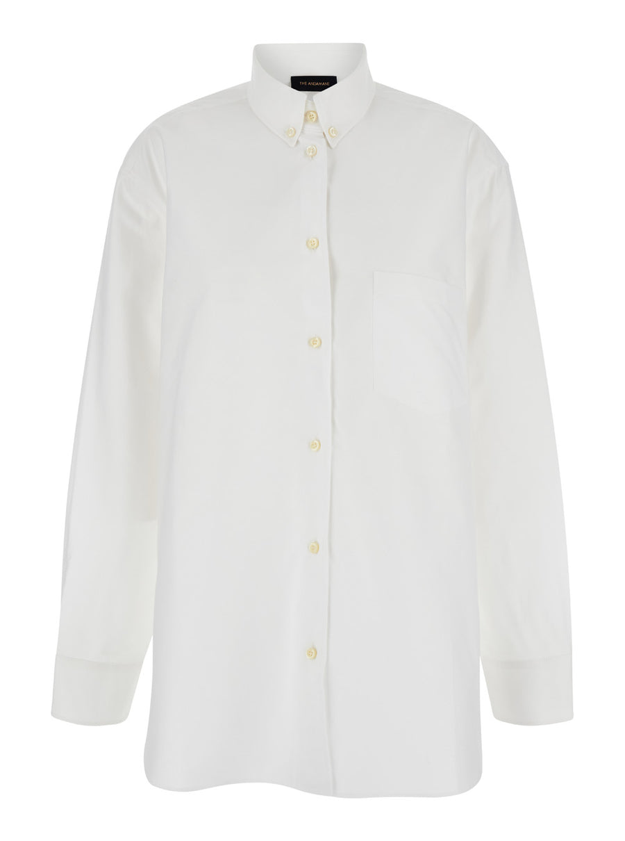 White Cotton Blend Button-Up Shirt Blouses