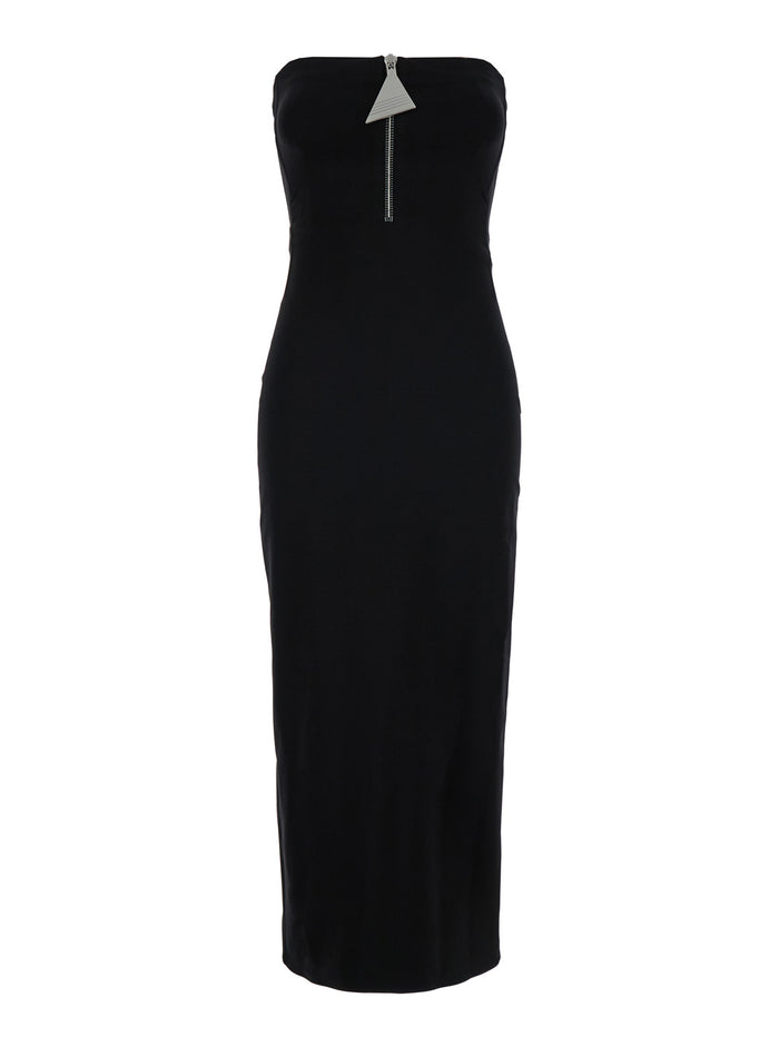 Black Bustier Dress with Decorative Zip in Tech Fabric Woman Viscose Polyamid Elastan Long