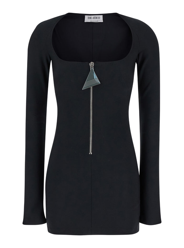 Mini Black Dress with Branded Zip Puller in Tech Fabric Woman Polyester Elastan