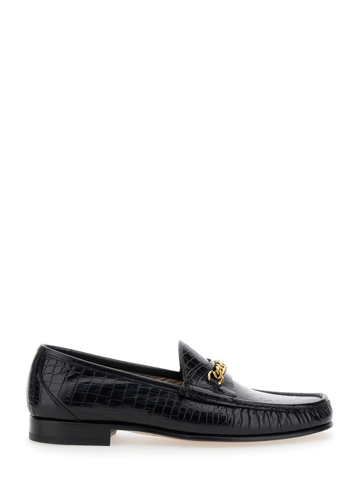 Black Slip-On Loafers With Chain Detail Croco Effect Leather Man Calf Brass