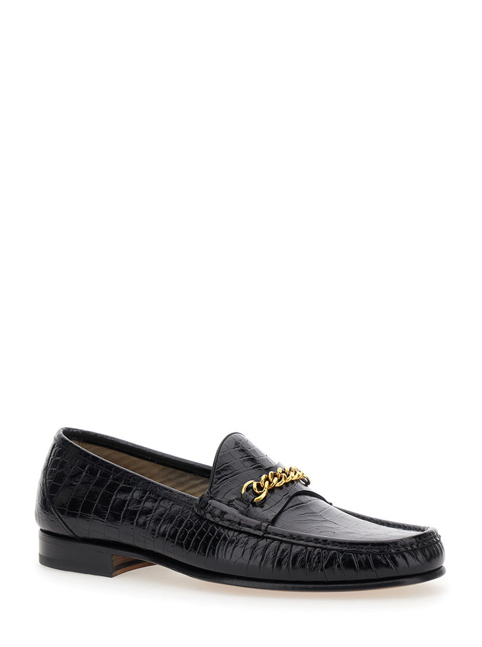 Black Slip-On Loafers With Chain Detail Croco Effect Leather Man Calf Brass